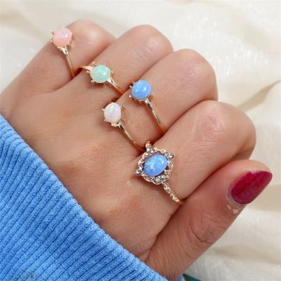 China Romantic Drop Shipping 5 Pieces/Set Best Selling Ornaments Diamond Opal Candy Color Gold Ring Gem Ring Set for sale