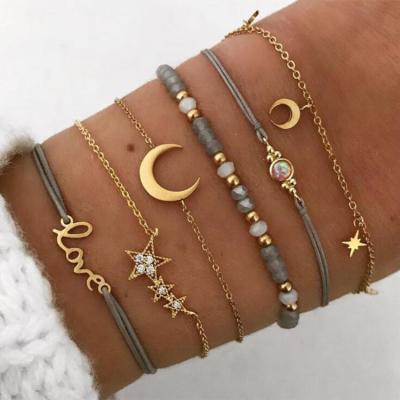 China BOHEMIA Drop Shipping6pcs / Set Fashion And National Style Lady Star Moon Letter Pendant Woven Beaded Bracelet for sale