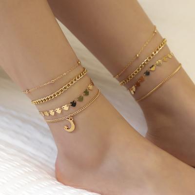 China 2022 Product FASHIONABLE tribal jewelry personalized geometric foot ornament set female foot heart-shaped chain anklet bracelet for sale