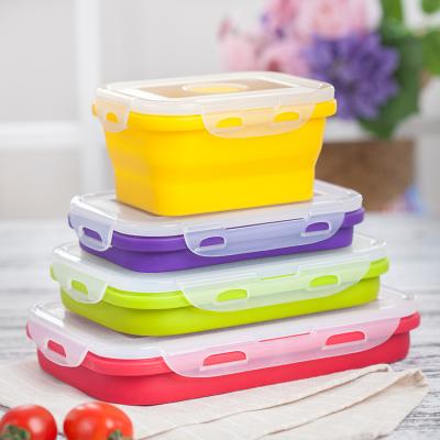 China Storage Bento Box Folding Collapsible Freshness Container With Lid Reusable Place Around Rectangle Foldable Silicone Lunch Box Bento Food For Kids for sale