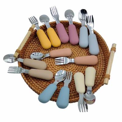 China BPA Free Mini Portable Metal Reusable 304 Stainless Steel Tableware Silverware Training for Kids Silicone Baby Fork and Spoon Set for sale