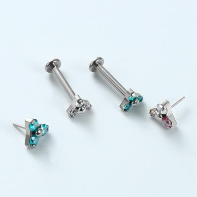 China ASTM F-136 Titanium Threadless Push Pin Labret Bar Piercing With Fork Set Flower CZ Gem End for sale