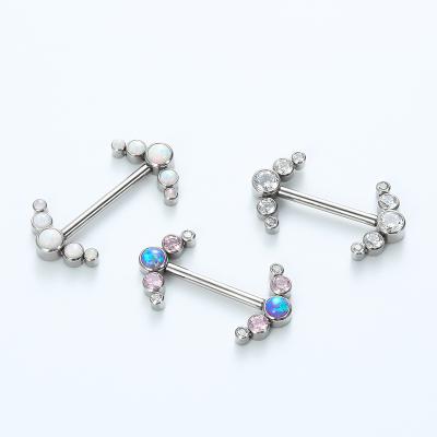 China Titanium ASTM F136 Internally Threaded Nickel Free Barbell Nipple with Bezel Set 5 CZ Gem or Cabochon Opal Cluster for sale