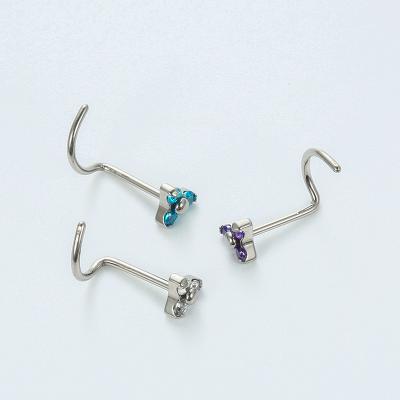 China ASTM F136 Titanium Titanium Fork Set 3 Petal CZ Gem Flower Top Nose Screw Curved for sale