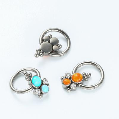 China ASTM F136 Titanium Sewing CBR Titanium Beaded Captive Ring with Bezel Set Opal and CZ Gem Bubble Cluster for sale