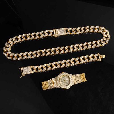 China TRENDY 3Pcs/Set Hip Hop Gold/Silver Full Diamond Watch Gold Necklace Bracelet Jewelry Set For Men for sale