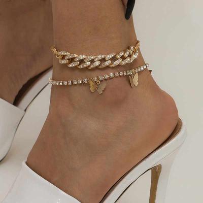 China Fashionable Charm Butterfly Bracelet Crystal Cuban Foot Anklet Hiphop Zircon Dangle Anklet For Women for sale