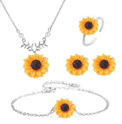 China Romantic 4 Pcs Set Fashion Creative Sunflower Necklace Sunflower Dangle Earrings Ring Bracelet Jewelry Set for sale