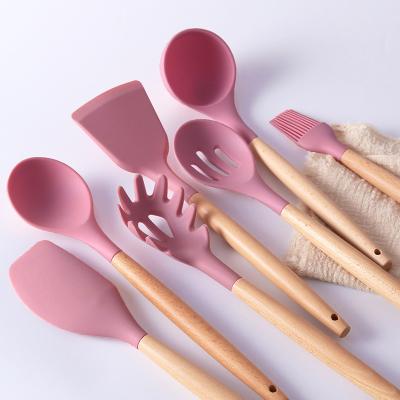 China Sustainable Wholesale High Quality Wooden Cooking Tools 11pcs Silicone Kitchen Utensils Set for sale