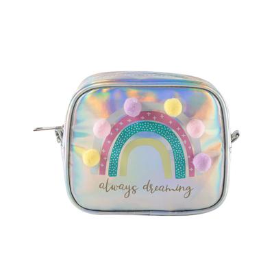 China 2022 Small Shoulder Handbags Waterproof Rainbow Holographic Cross - Body Messenger Bag Cute Pompom Purse For Little Girls for sale