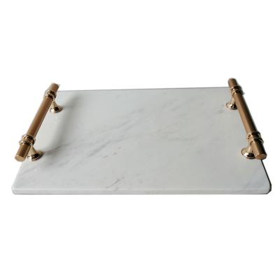 China Eco - Friendly Rectangle Shape White Marble Tray With Gold Plating Zinc Alloy Handles for sale