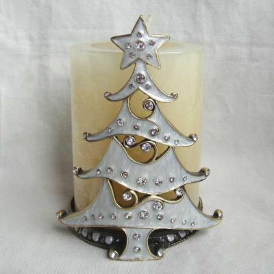 China ECO-frendly Antique Gold with White Epoxy and Clear Rhinestone Christmas Tree Jeweled Design Zinc Alloy Candle Holder for sale