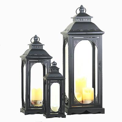 China ECO-frendly Black White Iron European Glass Candle Lanterns Set Small Medium Large For Indoor Outdoor Decoration for sale