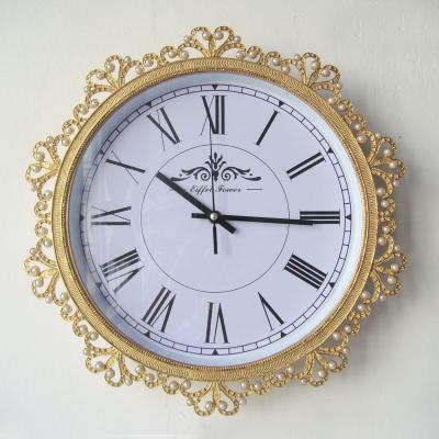 China Antique Gold Painted With Pearls Decor 14 Inch Round Metal Framed Wall Clock P03703k for sale