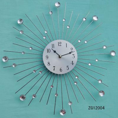 China Antique Style Silver Acrylic Stones Jeweled Large Iron Wall Clock For Home Decor for sale