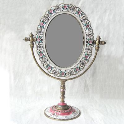 China Handcrafted Antique Brass White Rose Jeweled Home Mirror 3.5x5 Inch Single Sided Tabletop Vintage Swing Floral Zinc Alloy Desk Swing Mirror for sale