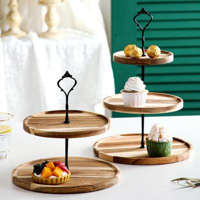 China European Natural Solid Viable Wooden Round Two Three Layer Cake Display Tray Home Kitchen Tabletop Decor Wooden Storage Dish for sale