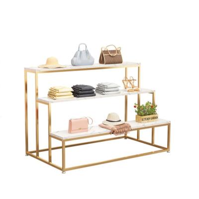 China Eco-friendly 3-Tier Marble Grain Gold Metal Frame Handbag Clothing Shoes Display Table Rack for sale