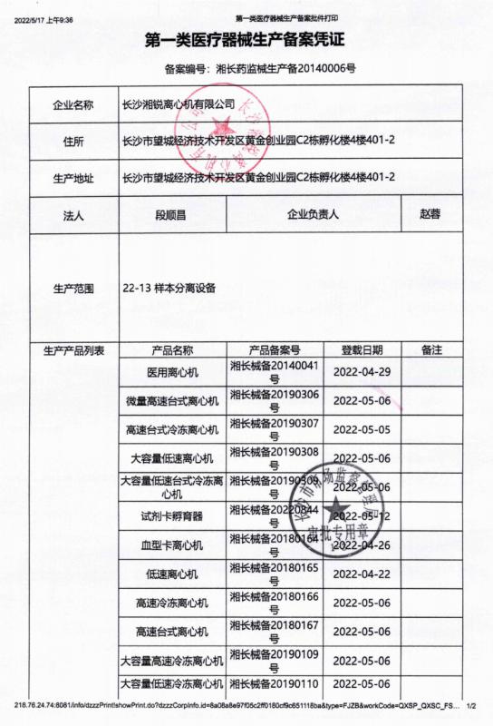  - Changsha Xiangrui Centrifuge Co., Ltd.