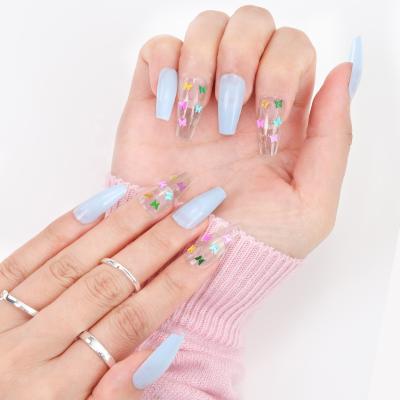 China 24 Pieces/Box Baby Blue Artistic Press On Nails False Nail Tips XXL Stiletto Press On Nails With Colorful Butterfly Decoration for sale