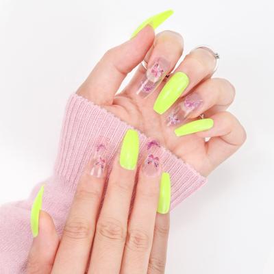 China 24 pieces/box artistic light yellow press on nails fake with butterfly decoration nail tips xxl stylus press on nails for sale