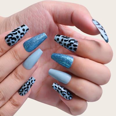 China 24 Pieces/Box Glitter Leopard Pattern Artistic Blue Press On Nails False Nails Nail Tips Finger Stilettos for sale