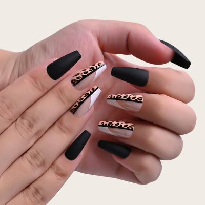 China 24 Pieces/Box Artistic Black Leopard Press On Nails Fake Stiletto Nail Tips French Press On Nails for sale