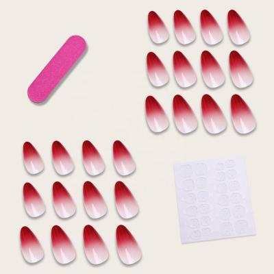 China 24 Pieces/Box Transparent Gradient Artistic Dark Red Press On False Nails Medium Finger Nails for sale