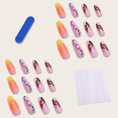 China 24 Pieces/Box Artistic Orange Rose Press On Nail Stiletto Tips Fake Press On Nails Charms With Rhinestone And Butterfly for sale