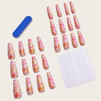 China 24 Pieces/Box Artistic Flowering Pink White Yellow Press On Nail Tips Fake Nails Stilettos Press On Nails Charms for sale