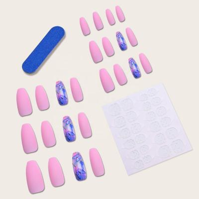 China 24 Pieces/Box Artistic Light Pink Press On Nail Tips Fake Nails Stilettos Press On Medium Nails With Blue Butterfly for sale