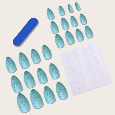 China 24 Pieces/Box Baby Blue Artistic Press On Oval Fake Nails Press On Nails Middle for sale