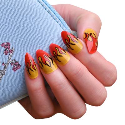 China 24 Pieces/Box Red Flame Artistic Yellow Press On Fake Nails Press On Nails Medium Creative Nail Design for sale