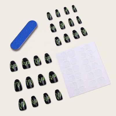 China 24 Pieces/Box Green Curve Black Artistic Press On Nails Fake Press On Nails Medium Creative Nail Design for sale