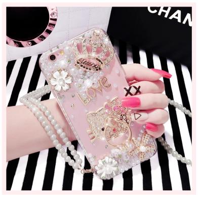 China Luxury Practical Diamond Crown Pearl Phone Case with Hello Kitty Ring Holder for iPhone X 7 8 plus for sale