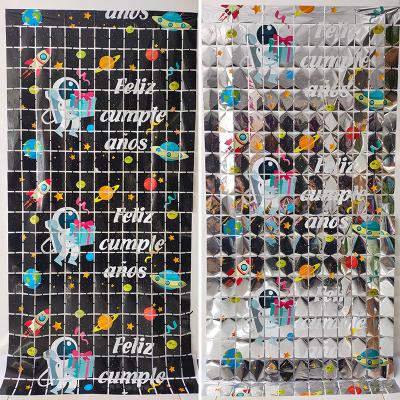 China Popular Aluminum Square Curtain Door Series Astronaut PET Background Decoration Party Ha Spanish Happy Birthday for sale