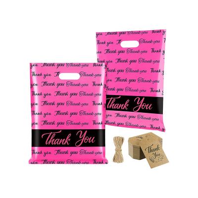 China Recyclable Recyclable Pink Thank You Vend Bag Durable PE Plastic Die Cut Bag Handle For Clothing for sale