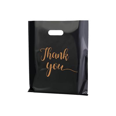 China Recyclable Eco-Friendly 2 Mils Black Thick Thank You Die Cut Handle Bag PE Plastic Packaging Bags For Goods for sale