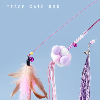 China YEE Funny Cat Stick Colorful Retractable Bell Cat Self Playing Pet Cat Viable Feather Handheld Funny Products for sale