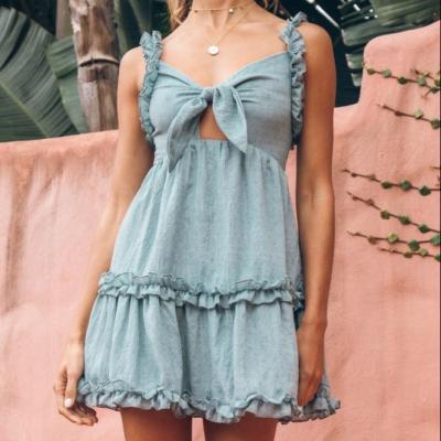 Cina New Trend Anti-Wrinkle Knot Bust Cotton Hollow Beach Cut Out Sleeveless Ruffles Casual Mini Dress Summer in vendita