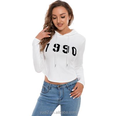 China Yudi Garment's 2022 Wholesale OEM Breathable Rib Knit String Long Sleeve Number Printed Hooded Bare Belly Short Hoodie For Women for sale