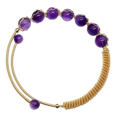 China TRENDY Female 14K Gold Filled Handwoven Natural Copper Wire Amethyst Bangle Cuff Bracelets for sale