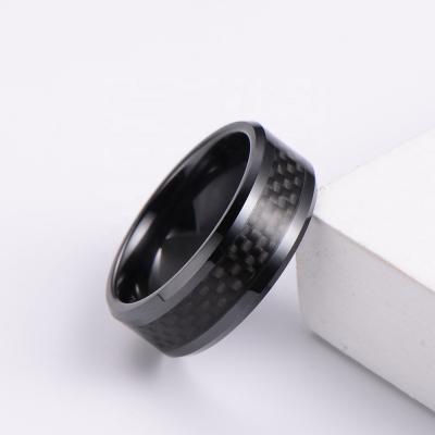 China Classic Ring Jewelry High Polishing 8MM Lead Free Nickel Free Zirconium Black Wedding Bands Cut Edge Black Carbon Fiber Ceramic Rings for sale