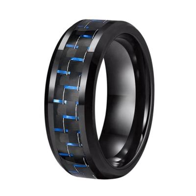 China High 8MM Lead Free Polishing Tungsten Carbide Carbon Fiber Inlay Rings Black And Blue Wedding Bands For Men for sale