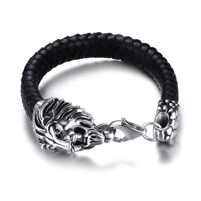 China Cable leather bracelet for lion wholesale hot selling stainless steel men's jewelry silver prayer cable bracelet black leather bracelet for men for sale