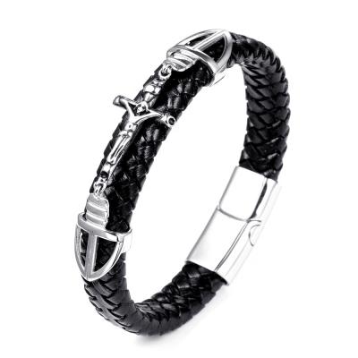 China Christian Jesus Cross Black Leather Charm Vintage Design Jewelry Genuine Leather Bracelet Can Be Engraved for sale