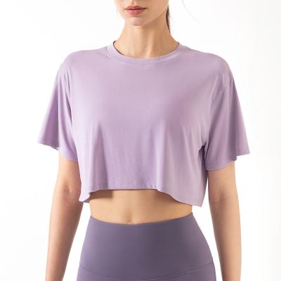 China Anti-Wrinkle Plain Gym Crop T-Shirts For Girls Tops Women Crop Solid Color Summer Knitted Blouse 100% Cotton Woman for sale