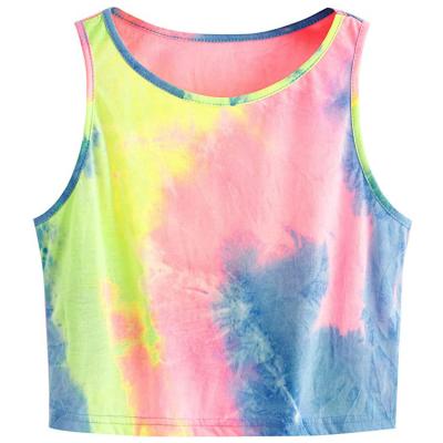 China QUICK DRY Summer Women Beach Tie Top Dye Print Sleeveless T-shirt Fashion Slim Crop Tops Female Streetwear for sale