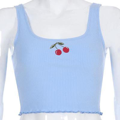 China Hot Cherry Embroidered Blue Women's Tank Sleeveless Crop Tops Anti-Wrinkle T-Shirts Women for sale