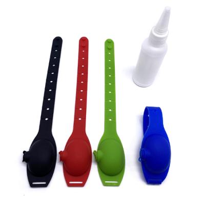 China New Design Reusable Squeeze Non-Toxic Quick Use Silicone Portable Hand Sanitizing Dispenser Wrist Band Wristband for sale